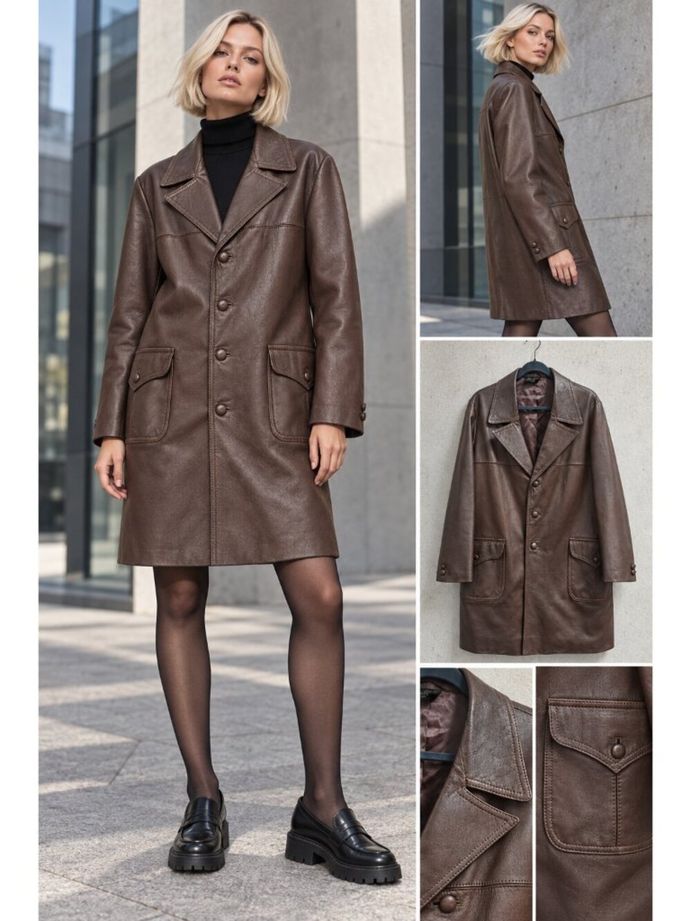 Vintage Luigi Romoli Brown Leather Long Coat Size 44 Retro Tailored